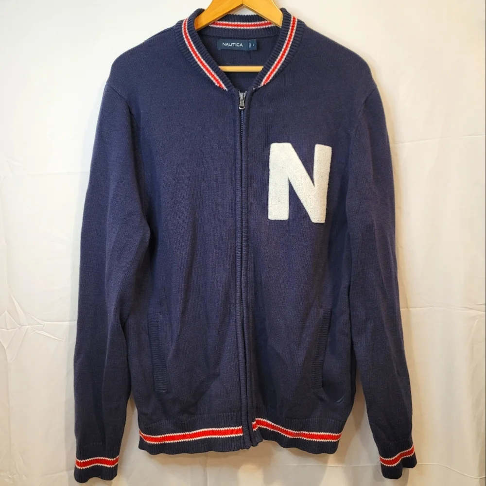 Nautica Mens Logo Baseball Jacket Sweater Large Navy Blue - Picture 2 of 7
